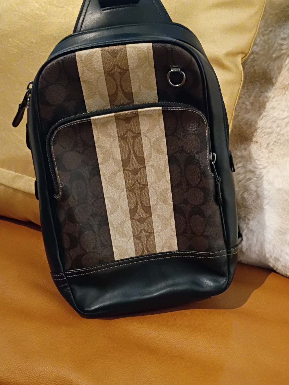 Coach Men’s Brown Signature Stripe Sling Backpack